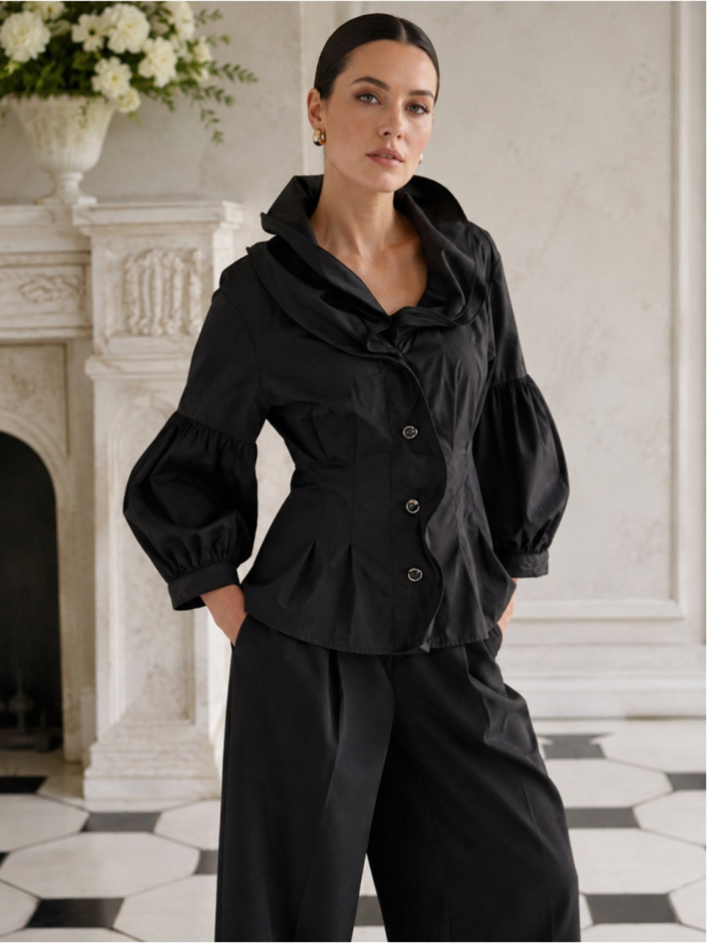 Samuel Dong Blouse Women L Ruffle Balloon Sleeve Avant Garde Office Goth Black